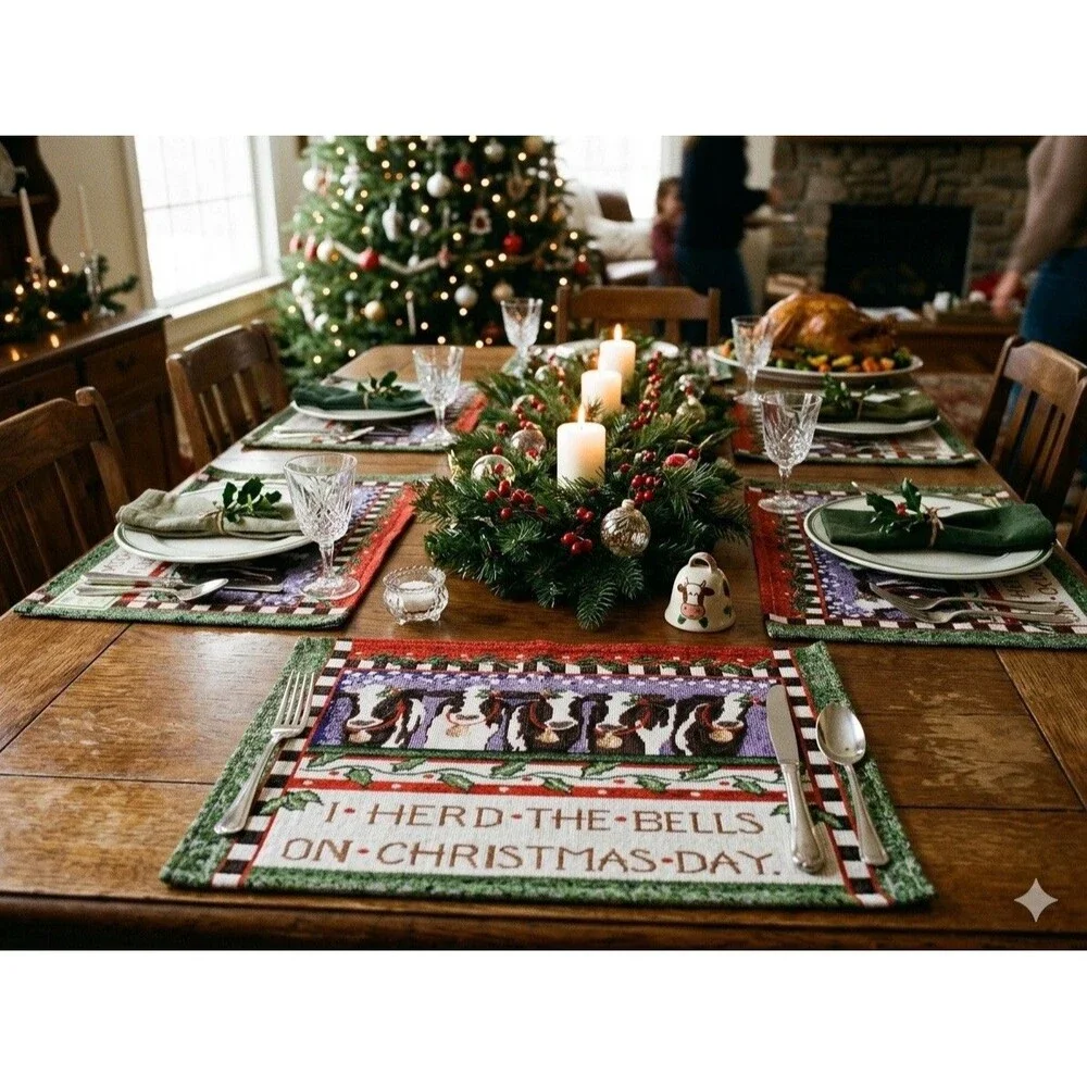 Rare Vintage NWT Windham Weavers Christmas Cow I Herd The Bells Placemats Set 6